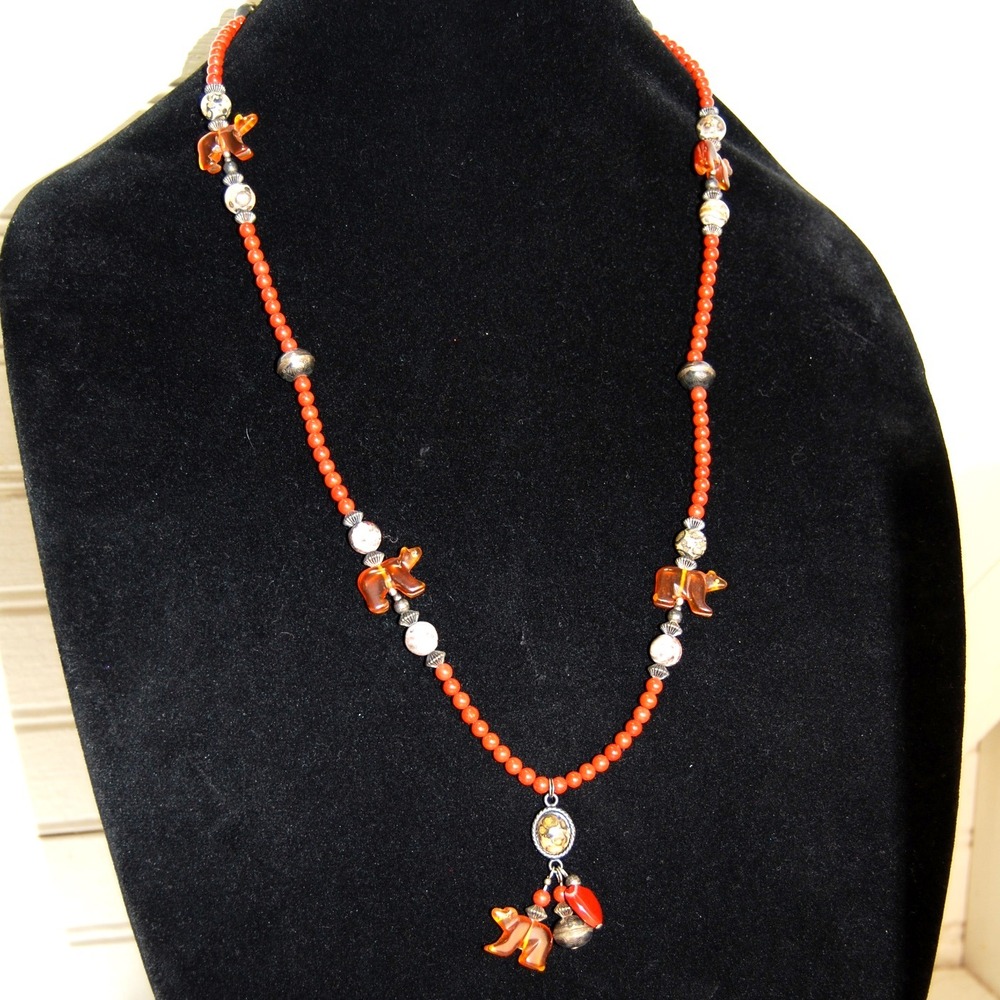 Vintage Native Bear‎ Necklace Sterling Silver Beaded Chandelier pendant Colorful